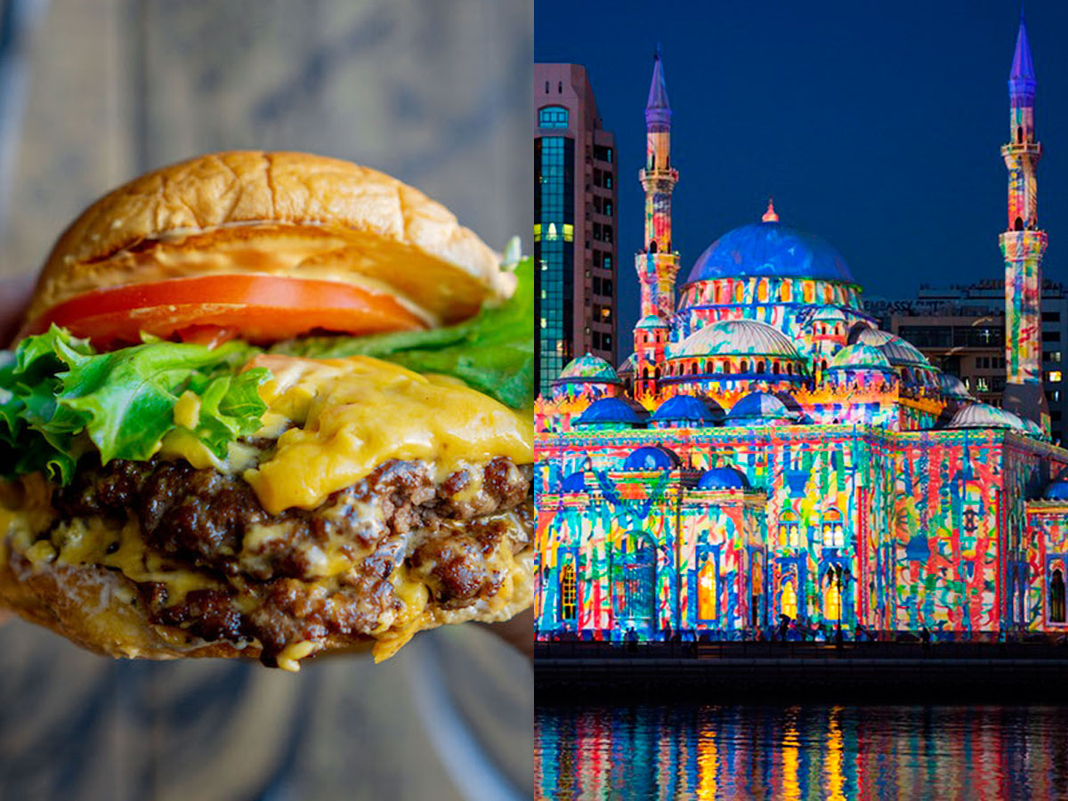 High Joint Sharjah Light Festival: cheeseburger with lettuce and building with multicoloured lights