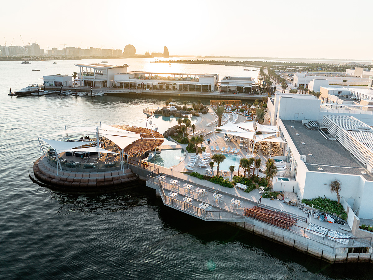 Yas Bay Waterfront Weekends: Aerial view of Yas Bay and new restaurants on a sunny day