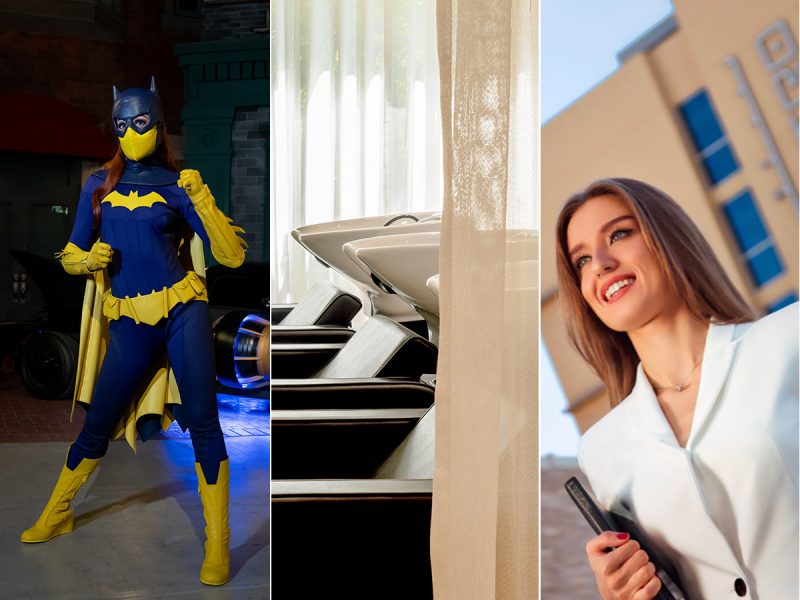 International Women's Day 2022 in Abu Dhabi: Batgirl, hair salon wih curtain and woman standing outside