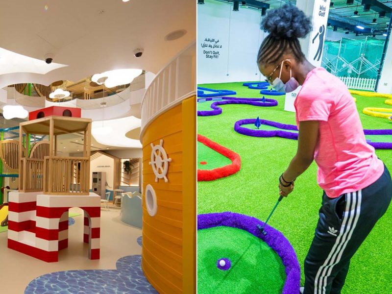 Kids Camps in Abu Dhabi: The Galleria Al Maryah Island Fit4Fun girl playing mini golf and Caboodles play area