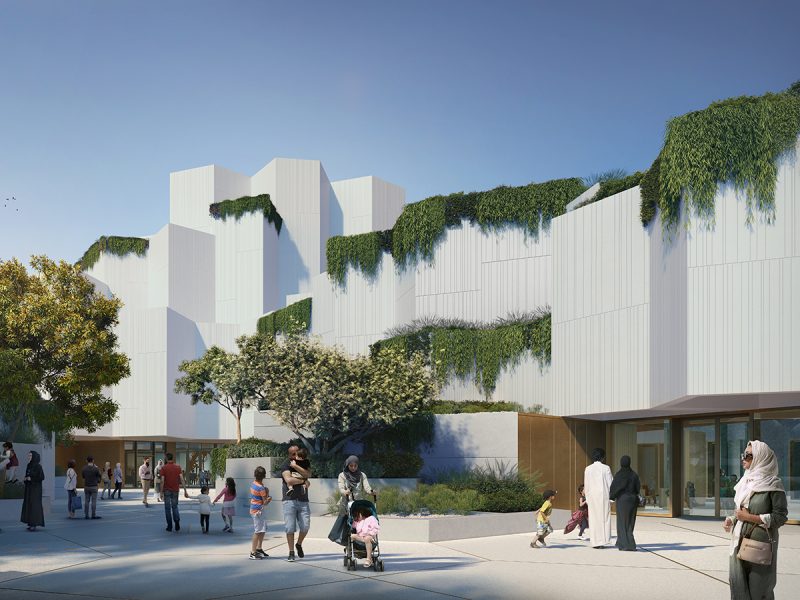 Abu Dhabi Natural History Museum: exterior building vector with trees and water on Saadiyat Island