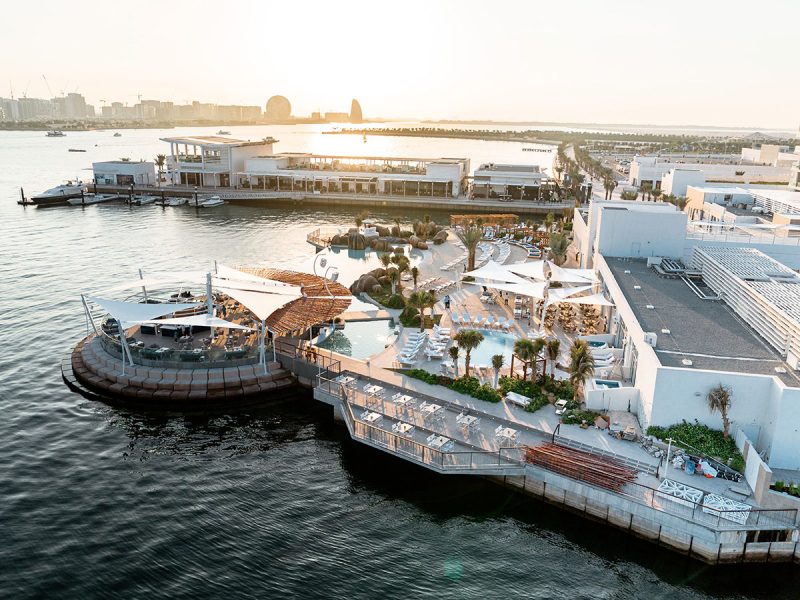 Yas Bay waterfront aerial shot, where you can see Eid fireworks in Abu Dhabi