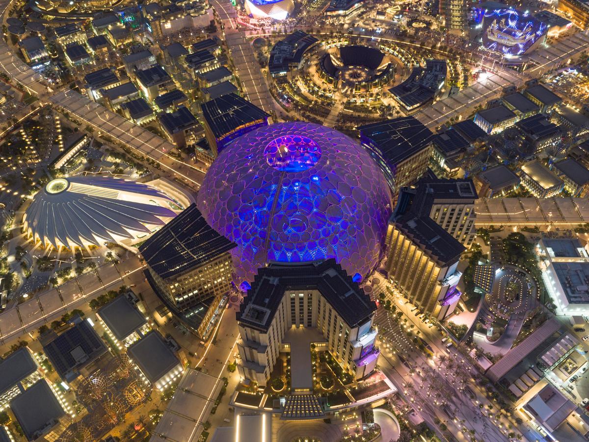 District 2020: Expo 2020 Dubai aerial view of pavilions and UAE pavilion