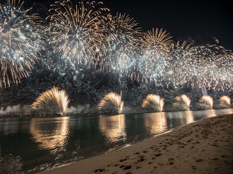 Eid fireworks in Abu Dhabi: fireworks on the beach at night