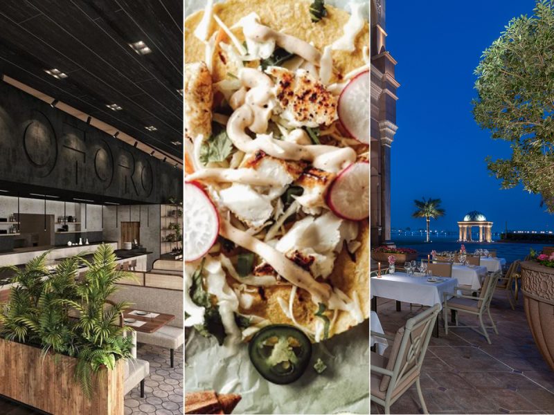 New restaurants in Abu Dhabi: Otoro interior, Oii fish tacos, and Talea Emirates Palace at dusk