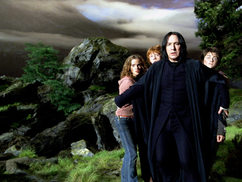 Harry Potter and the Prisoner of Azkaban: Severus Snape (Alan Rickman) with Hermione Granger (Emma Watson), Ron Weasley (Rupert Grint) and Harry Potter (Daniel Radcliffe). 